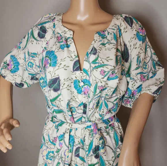 Ann Taylor Loft Linen Floral V-Neck Puff Sleeve Midi Dress Size MP Belted - Picture 8 of 16